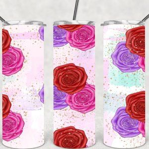 Women's Pink Red Gold Sparkly Floral Teddy Bear Valentines Day Tumbler Gift Set